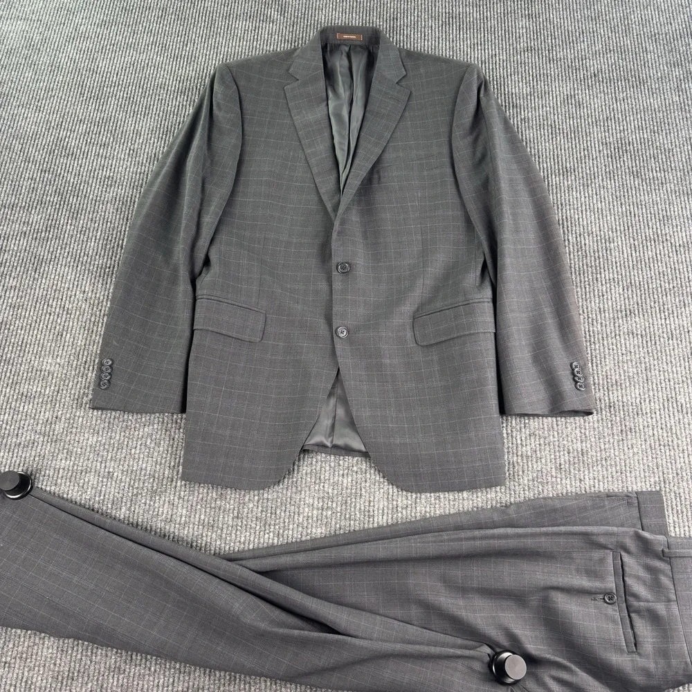 Peter Millar Suit 42L Gray Wool Windowpane Pleated Tailored 2 Piece 36x33 Set